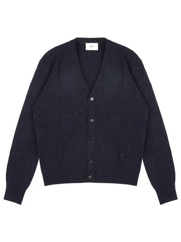 Heart Logo V Neck Cashmere Cardigan Navy - AMI - BALAAN 2