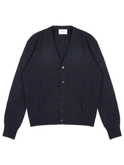 Heart Logo V Neck Cashmere Cardigan Navy - AMI - BALAAN 2