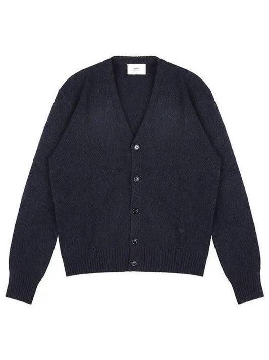 Heart Logo V Neck Cashmere Cardigan Navy - AMI - BALAAN 2