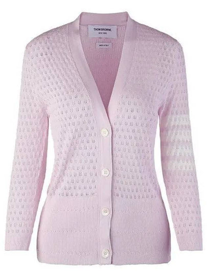 4 Bar Pointelle V Neck Cardigan Light Pink - THOM BROWNE - BALAAN 2