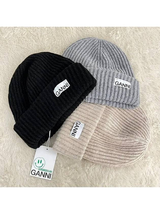 Logo Patch Knit Beanie Grey - GANNI - BALAAN 2