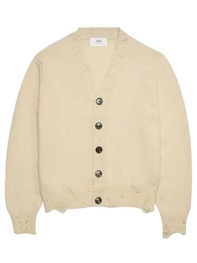 Distressed Effect Virgin Wool Cardigan Beige - AMI - BALAAN 3