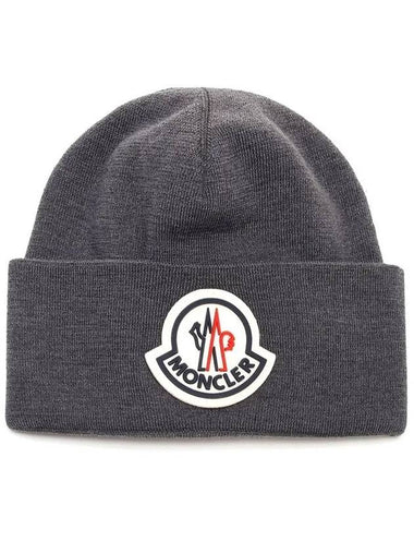 Maxi Logo Patch Wool Beanie Melange Grey - MONCLER - BALAAN 1