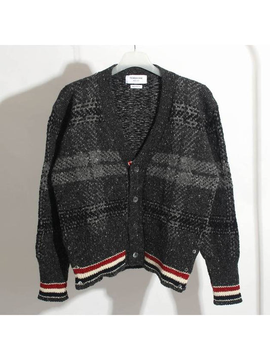 Donegal Tartan Stripe V-Neck Cardigan Grey - THOM BROWNE - BALAAN 2