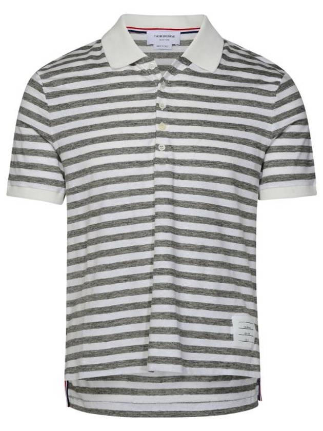 Striped Linen Polo Shirt Grey White - THOM BROWNE - BALAAN 1