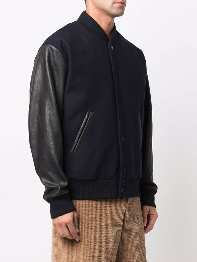 Distressed Leather Sleeve Wool Bomber Jacket Dark Blue - GOLDEN GOOSE - BALAAN 3