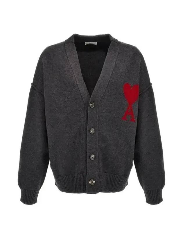 Heart Logo V Neck Wool Cardigan Heather Grey - AMI - BALAAN 1