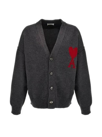 Heart Logo V Neck Wool Cardigan Heather Grey - AMI - BALAAN 1