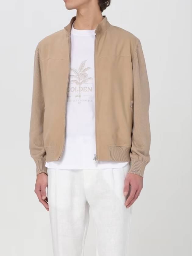 Knitted Sleeves Leather Jacket Beige - BRUNELLO CUCINELLI - BALAAN 3