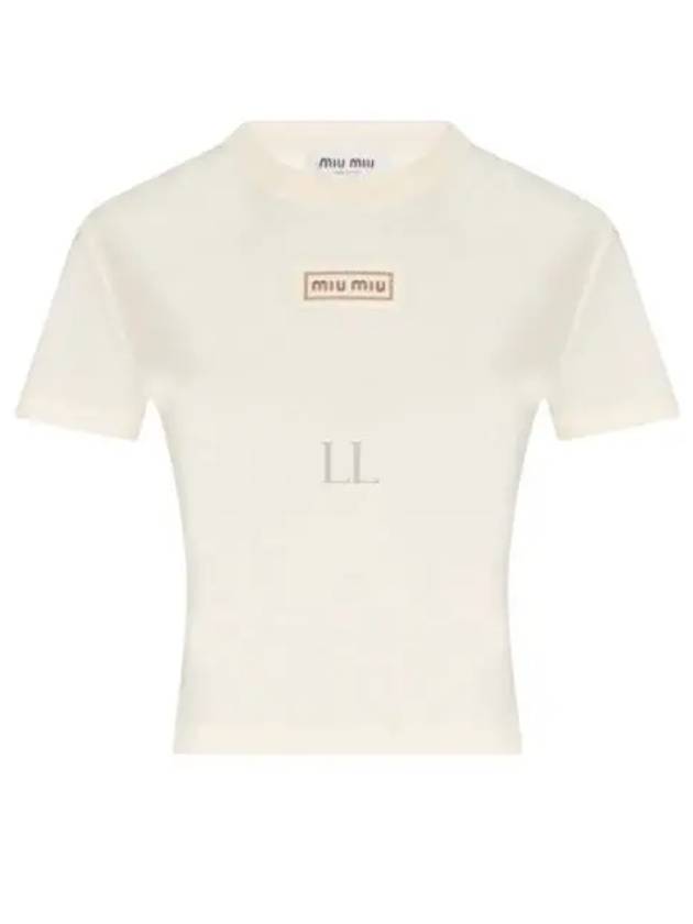 Logo Patch Crop Cotton Short Sleeve T-shirt Light Beige - MIU MIU - BALAAN 2