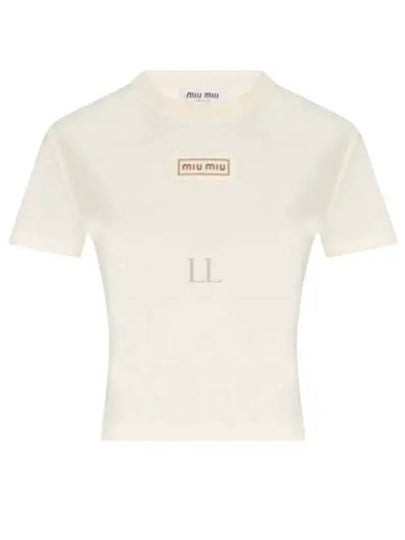 Logo Patch Crop Cotton Short Sleeve T-shirt Light Beige - MIU MIU - BALAAN 2