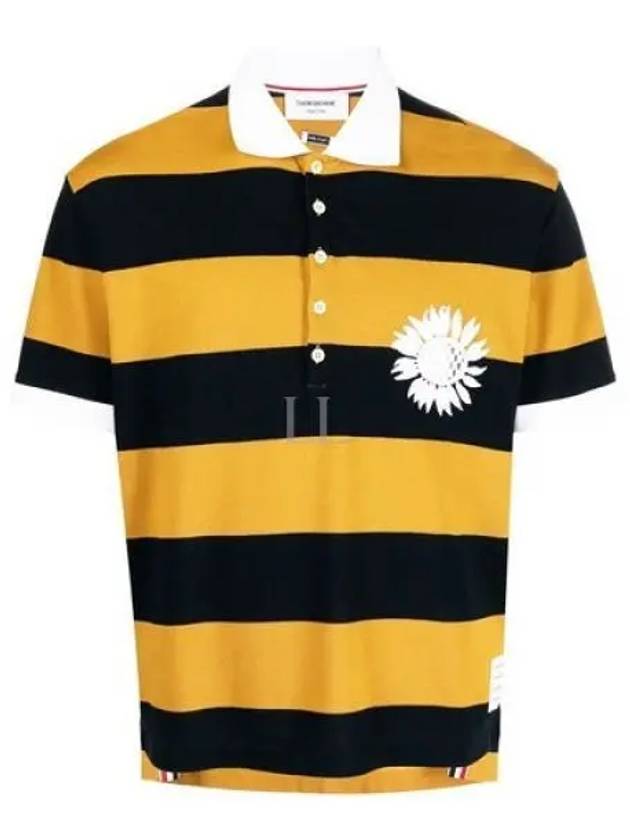 Embroidered Flower Rugby Stripe Short Sleeve PK Shirt Navy Yellow - THOM BROWNE - BALAAN 2