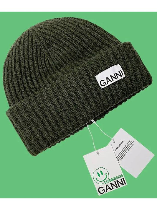 Logo Patch Knit Beanie Green - GANNI - BALAAN 2