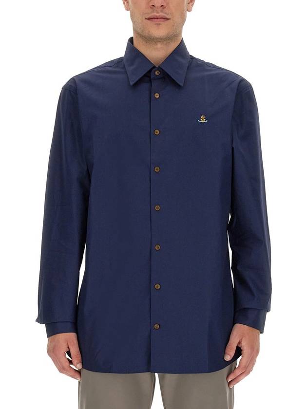 Men's Embroidered ORB Long Sleeve Shirt Navy - VIVIENNE WESTWOOD - BALAAN 2