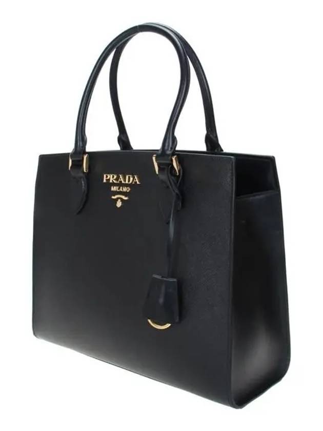 Saffiano Gold Square Leather Tote Bag Black - PRADA - BALAAN 3