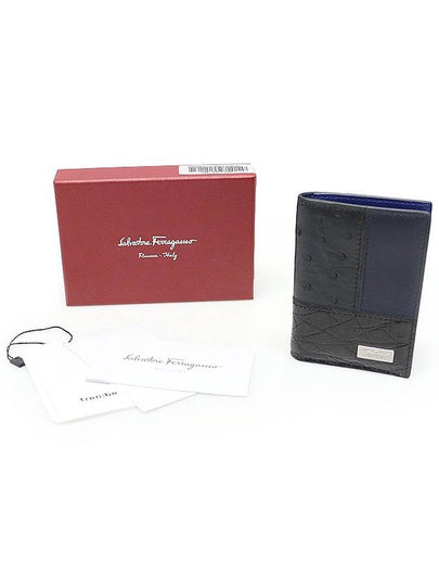 66 0225 Black Crocodile Ostrich Navy Leather Two tone Card Wallet - SALVATORE FERRAGAMO - BALAAN 2