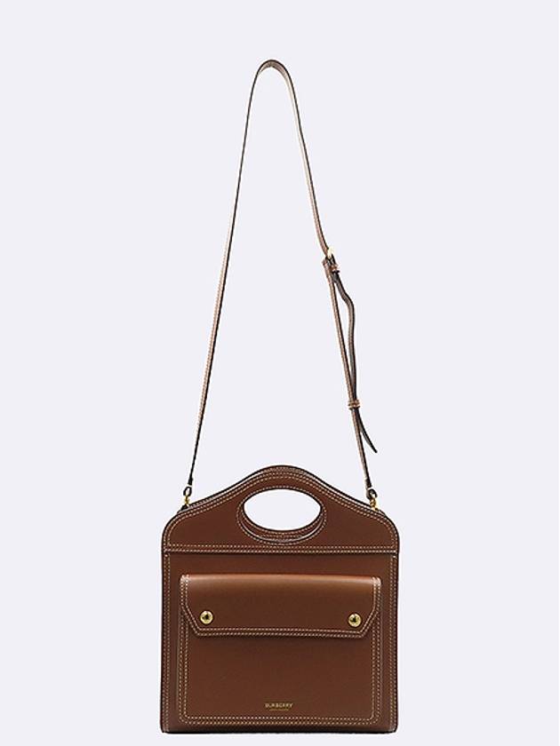 Burberry 8014776 Brown Leather Mini Topstitch Detail Pocket Tote Bag Shoulder Strap - BURBERRY - BALAAN 4