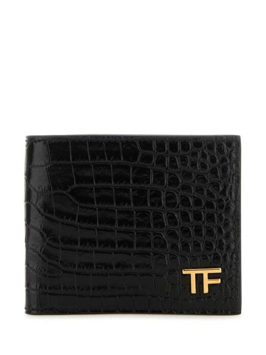 Men's TF Gold Logo Leather Half Wallet Black - TOM FORD - BALAAN 1