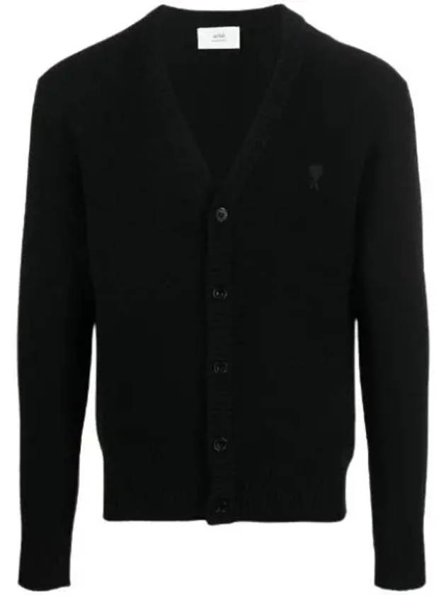 Small Heart Logo V-Neck Cardigan Black - AMI - BALAAN 2