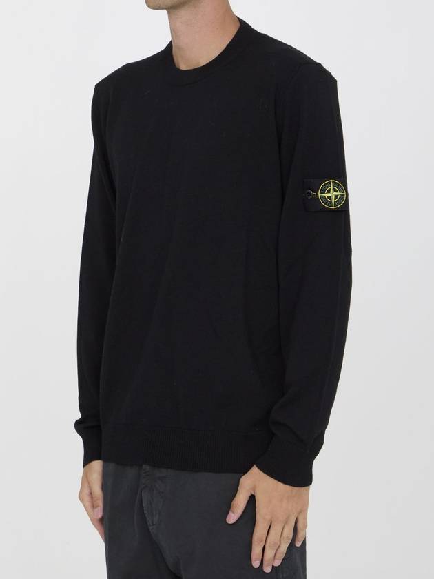 Logo Patch Crewneck Virgin Wool Knit Top Black - STONE ISLAND - BALAAN 3