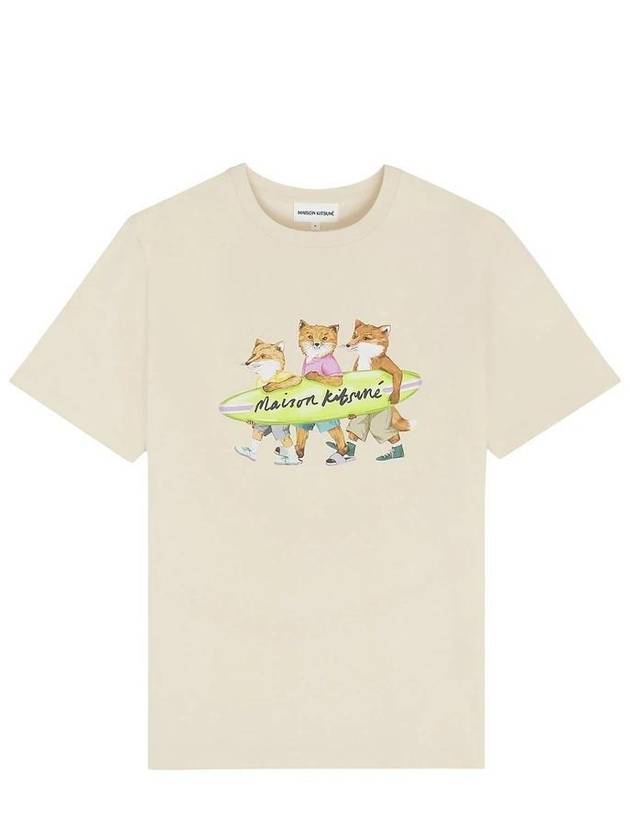 Surfing Foxes Logo Print Short Sleeve T-Shirt Beige - MAISON KITSUNE - BALAAN 2