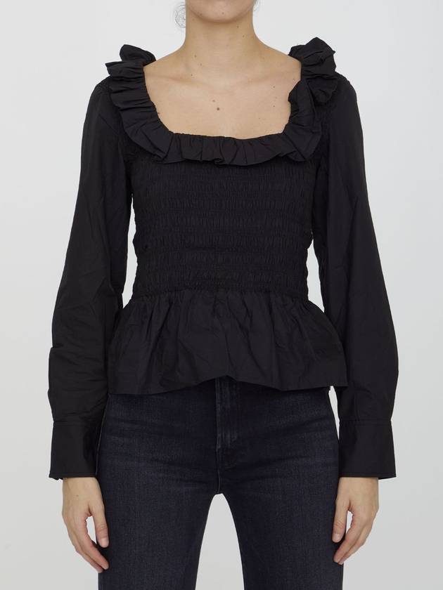 Poplin Ruffled Smoked Cotton Blouse Black - GANNI - BALAAN 1