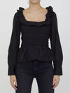 Poplin Ruffled Smoked Cotton Blouse Black - GANNI - BALAAN 1