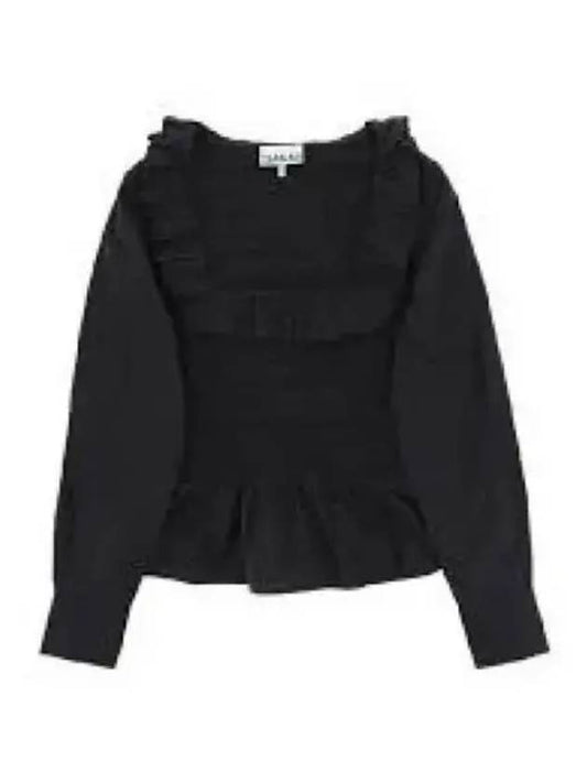 Poplin Ruffled Smoked Cotton Blouse Black - GANNI - BALAAN 2