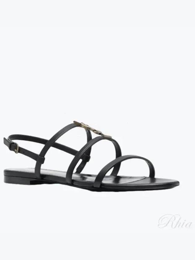 Women's Smooth Leather Gold Tone Monogram Detail Cassandra Flat Sandals Black - SAINT LAURENT - BALAAN 2