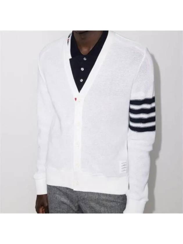 4 Bar Open Raschel Stitch V Neck Cardigan White - THOM BROWNE - BALAAN 3