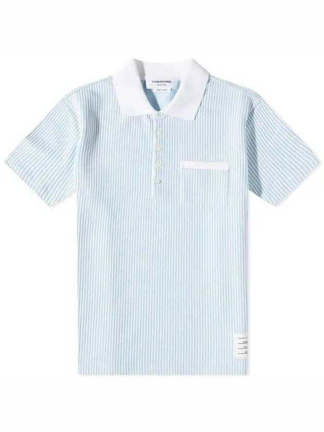 Striped Seersucker Pocket Short Sleeve Polo Shirt Light Blue - THOM BROWNE - BALAAN 3