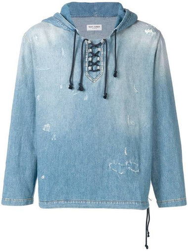 Destroyed Denim Cotton Hoodie Blue - SAINT LAURENT - BALAAN 1