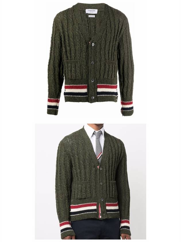 Men's Mix Cable V-Neck Classic Fit Cardigan Dark Green - THOM BROWNE - BALAAN.