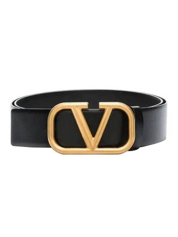 gold V logo leather belt black - VALENTINO - BALAAN.