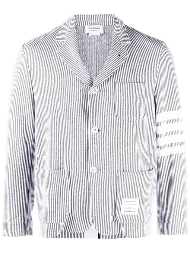 Men's 4 Bar Seesucker Loopback 4 Bar Sack Cardigan Grey - THOM BROWNE - BALAAN 2