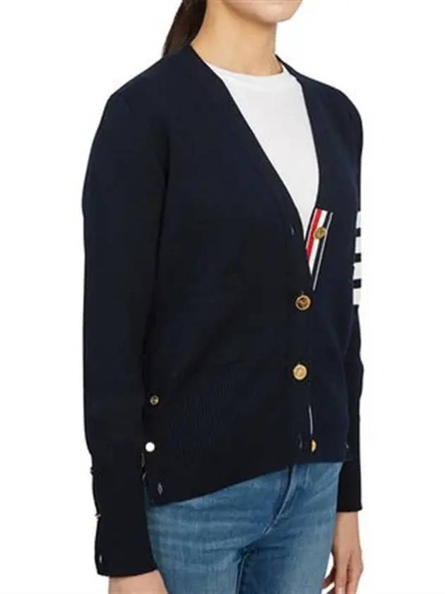 Milano Stitch 4 Bar Classic V Neck Fine Merino Wool Cardigan Navy - THOM BROWNE - BALAAN 4