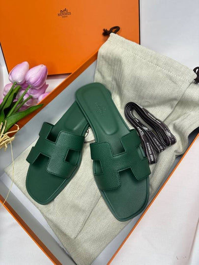 Oran Leather Sandals Green - HERMES - BALAAN 2