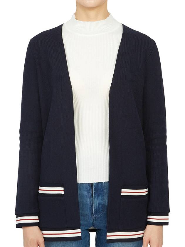 Cricket Stripe Lightweight Textured Cotton V-Neck Cardigan Navy - THOM BROWNE - BALAAN 4