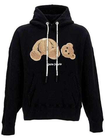 Men's Bear Logo Cotton Hoodie Black - PALM ANGELS - BALAAN 1