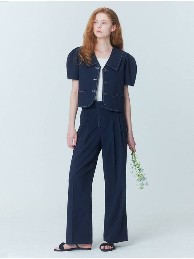 Puff sleeve cropped jacket_two tuck wide pants set_Navy - OPENING SUNSHINE - BALAAN 3