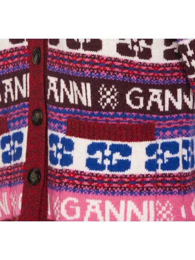 Intarsia Logo V-Neck Wool Mix Cardigan Pink - GANNI - BALAAN 4