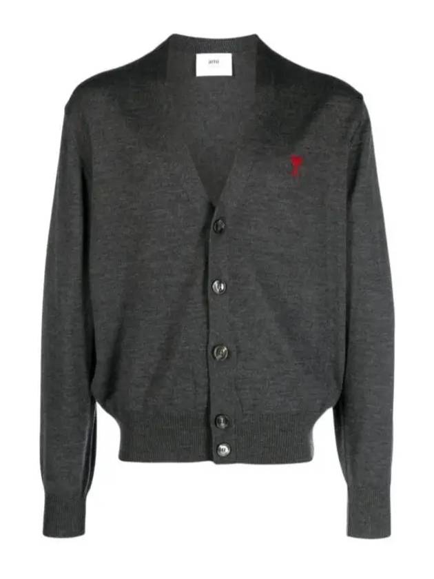 Red Heart Logo Merino Wool Cardigan Heather Grey - AMI - BALAAN 2