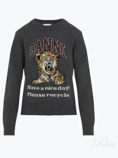 Graphic Wool Mix Tiger Crewneck Knit Top Grey - GANNI - BALAAN 2