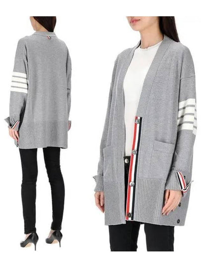 Fine Merino Wool 4-line Oversized Fit V-neck Cardigan Light Grey - THOM BROWNE - BALAAN 2