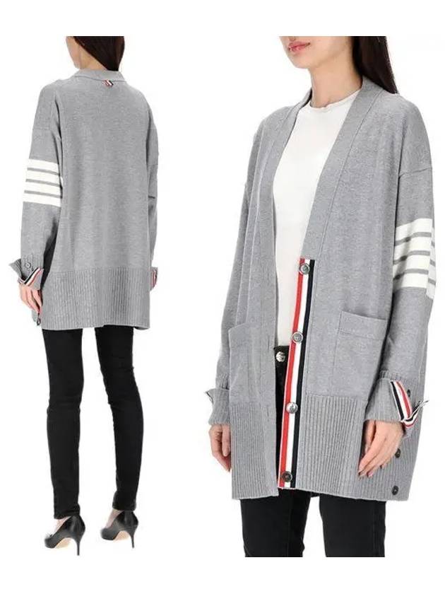 Fine Merino Wool 4-line Oversized Fit V-neck Cardigan Light Grey - THOM BROWNE - BALAAN 2