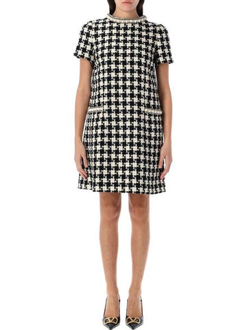 Valentino Garavani Embroidered Damier Light Tweed Short Dress - VALENTINO - BALAAN 1