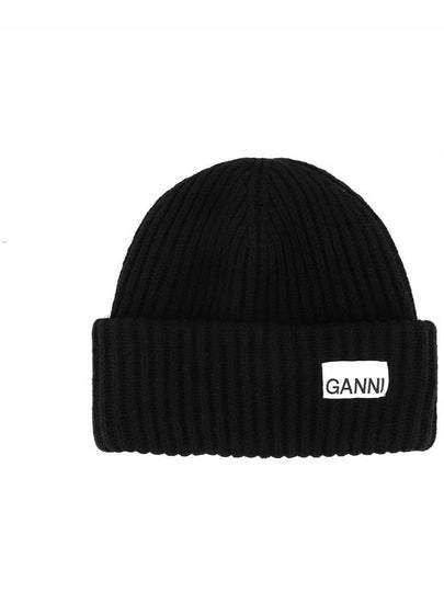 Logo Patch Knit Beanie Black - GANNI - BALAAN 2