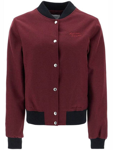 men's bordeaux wool teddy jacket with fox embroidery - MAISON KITSUNE - BALAAN 1