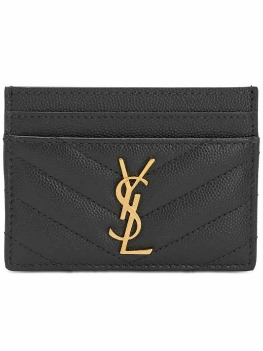 YSL Gold Monogram Logo Chevron Quilted Card Holder Card Wallet Black - SAINT LAURENT - BALAAN 1