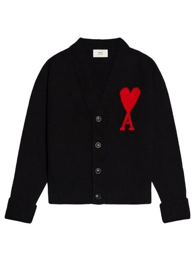 Intarsia Big Heart Logo Oversized Virgin Wool Cardigan Black - AMI - BALAAN 1